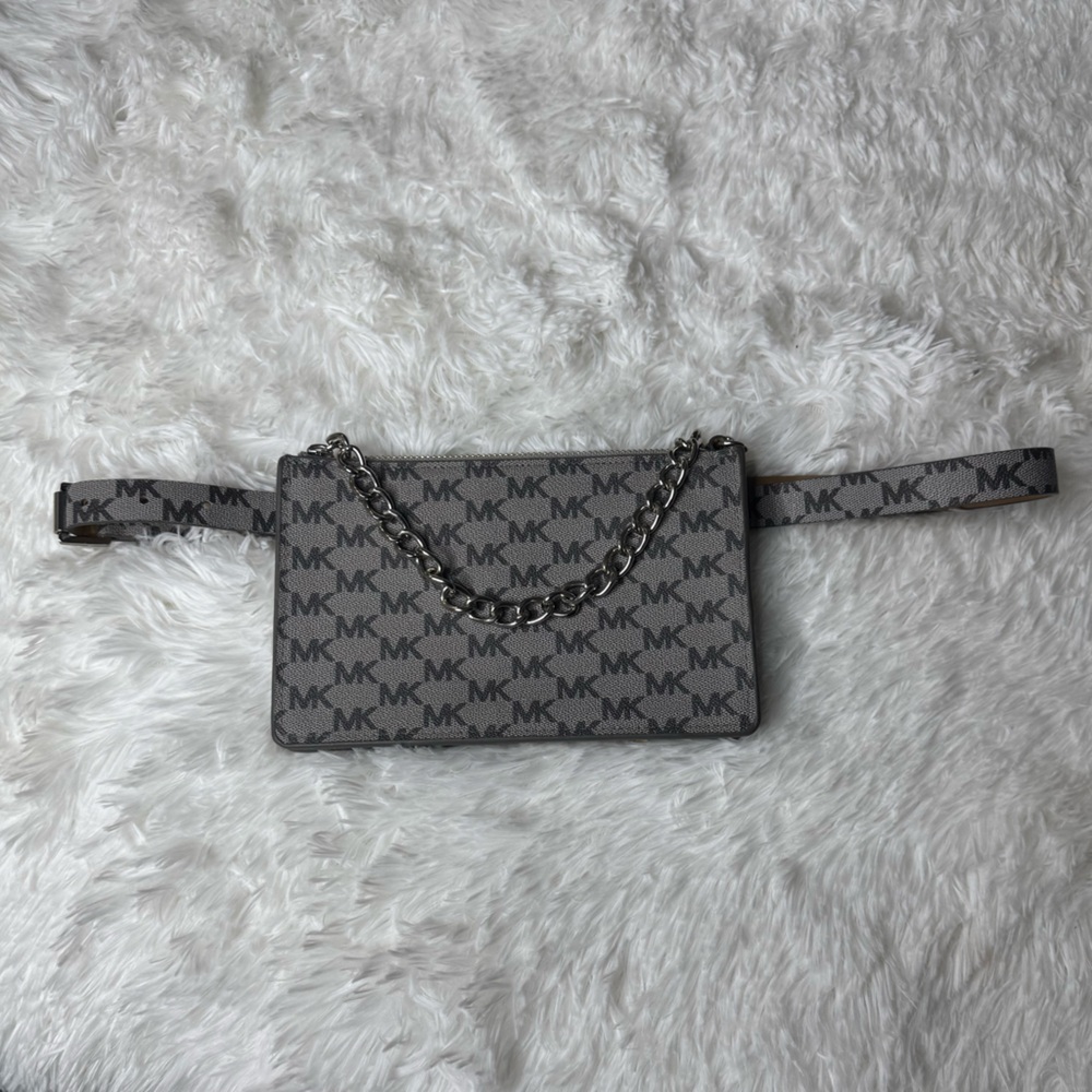 MICHAEL Michael Kors Gray MK Logo Belt Bag with Silver Chain